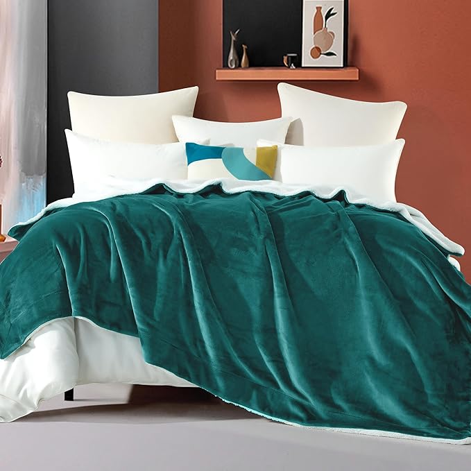 Elegant Comfort Ultra Soft Reversible Flannel Sherpa Blanket - Cozy Silky Fleece Throw for Couch, Bed - Plush Fuzzy Warm Winter Blanket for Gift, King, Turquoise