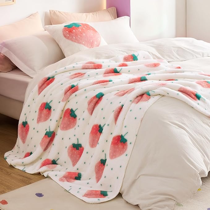 Bedsure Cute Strawberry Decor Throw Blanket Pink for Kids - Soft Fleece Throw Home Decor for Girls Women Teens as Birthday, GentleSoft Cozy Fruit Pattern Blankets for Couch Bed, 50x60