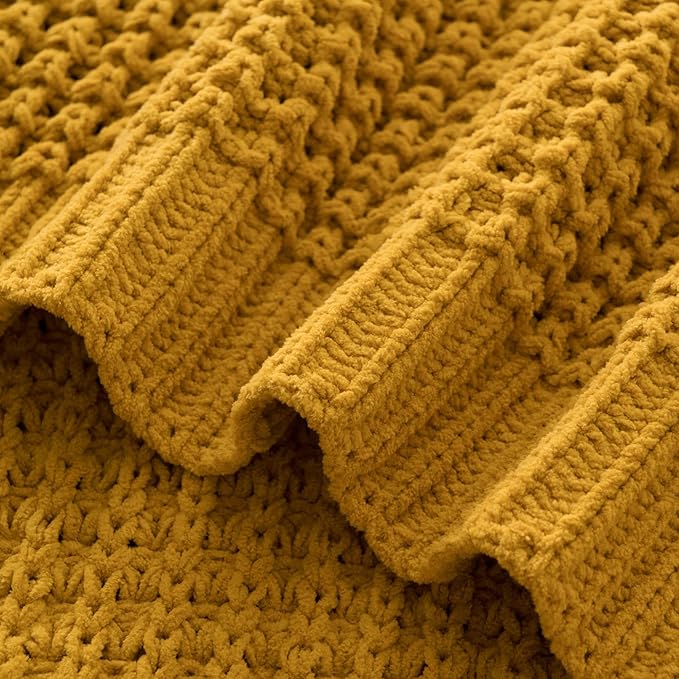 Bunnikins & Clover Knitted Waffle Throw Blanket 50x60 Inches, Mustard Yellow Throw Blanket for Couch, Soft Cozy Chenille Knit Blanket Warm Decorative Throw for Sofa