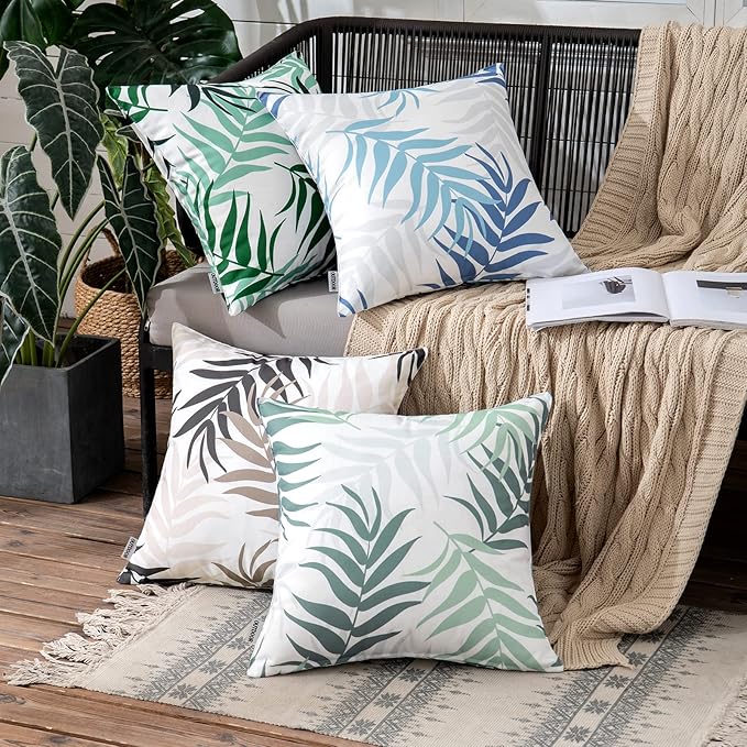 MIULEE Pack of 2 Spring Outdoor Waterproof Throw Pillow Covers Decorative Patio Pillow Cases Natural Leaves Pattern Spring Square Cushion Shams Shell for Garden Balcony Couch 18x18 Inch, Greyish Green