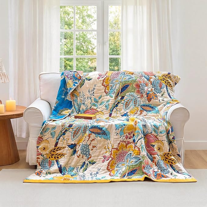Boho Throw Blanket - 60"x80" 100% Cotton Ultra Soft Lightweight Spring Blanket, 4-Layer Breathable Muslin Blankets for Bed Couch, Reversible Green Floral Butterfly Printed Bohemian Cotton Quilt