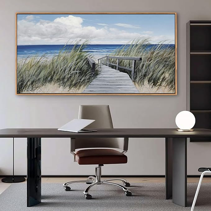 Coastal Wall Art for Living Room - Vintage Farmhouse Landscape Artwork for Walls, Framed Blue Seascape Canvas Decor, Beach Pictures for Bedroom, Ocean Wall Decor Home Decorations 29×58IN