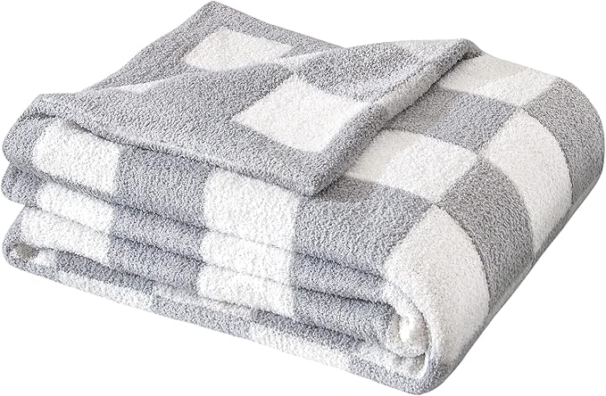 SeaRoomy Checkered Throw Blanket, Ultra Soft Reversible Checkerboard Knitted Blanket, Warm Cozy Fluffy Microfiber Knit Throw Blanket for Couch Sofa Bed Camping Picnic Travel (Grey, 60"×79")