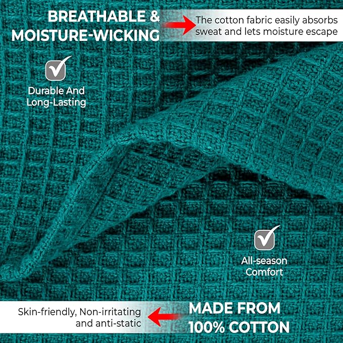 100% Cotton Blankets for Bed - Waffle Weave Blankets for Summer, Lightweight and Breathable Soft Woven Blanket for Spring (Teal, Queen (90" x 90"))