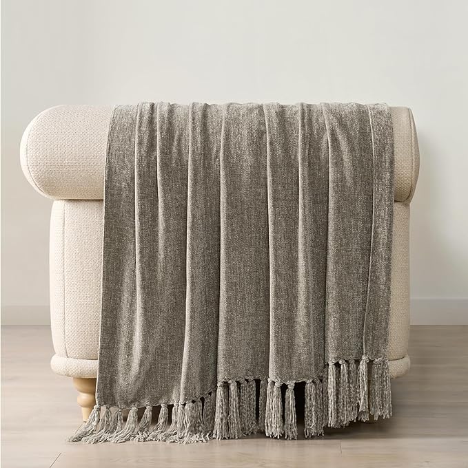 EverGrace Soft Chenille Throw Blanket for Couch, Cozy Plush Fuzzy Decorative Chenille Knit Throw Blanket with Tassels, Lightweight Blanket and Throws for Bed Sofa Gift Home Decor, Taupe 60"x80"