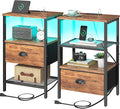 Nightstands Set of 2, LED Night Stands with Charging Station and Fabric Drawer, Bedside Tables with Drawers, 2- Tier LED Side Table End Table Charging Station Livingroom Bedroom,Rustic Brown