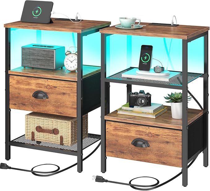 Nightstands Set of 2, LED Night Stands with Charging Station and Fabric Drawer, Bedside Tables with Drawers, 2- Tier LED Side Table End Table Charging Station Livingroom Bedroom,Rustic Brown