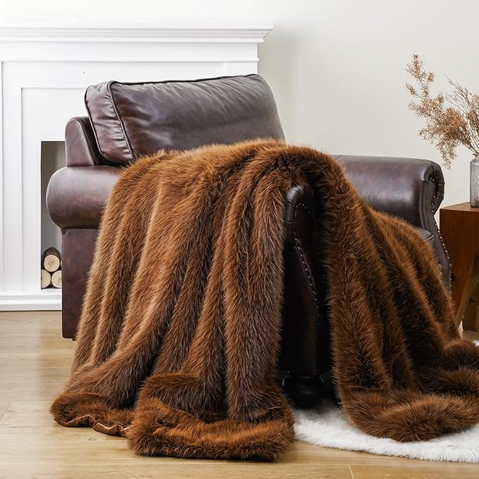 BATTILO HOME Luxury Fluffy Faux Fur Throw Blanket, Golden Brown Faux Fur Blanket for Couch, Sofa, Chair, Bed, Furry Silky Fur Throws with Long Pile, 50"x60"