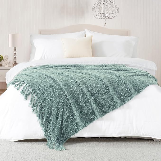 Knit Throw Blanket Fluffy Fuzzy Soft Lightweight Cozy Farmhouse Tassels Chunky Knitted Throws for Couch Sofa Bed (Sage Green, 50"x60")