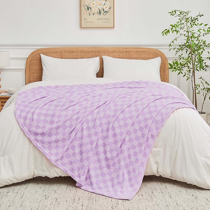 FY FIBER HOUSE Checkered Flannel Fleece Throw Blanket Soft Cozy Checkerboard Grid Print Chessboard Gingham Pattern Blankets for Bed Couch Sofa, 50"x60", Purple