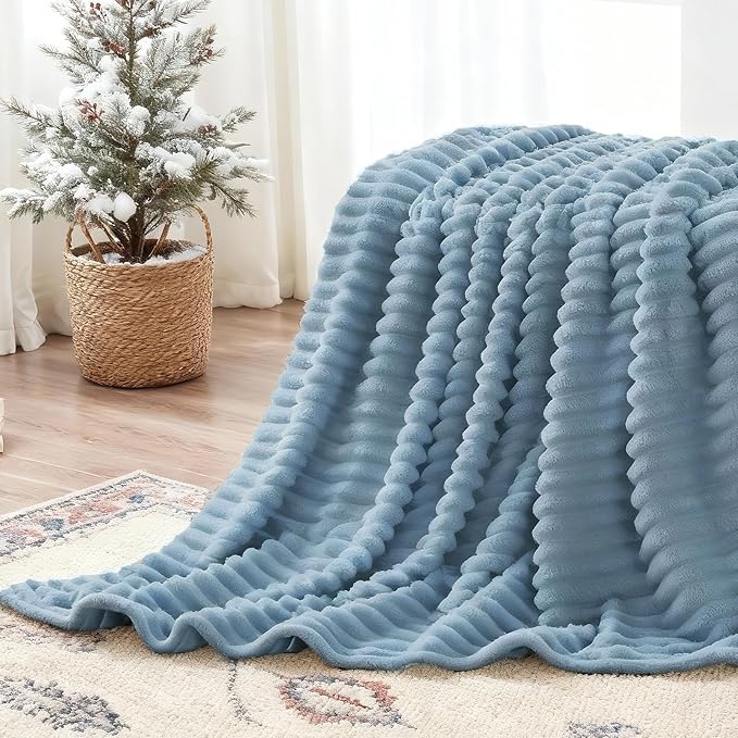 Nookly Light Blue Twin Size Fleece Blanket, Soft Lightweight Ribbed Plush Bed Blanket, Cozy All-Season Striped Fleece Twin Throw for Bedroom and Home, 60x80 Inches
