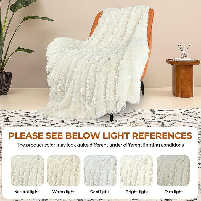 TOONOW Extra Soft Fuzzy Faux Fur Throw Blanket 50"x60", Reversible Lightweight Fluffy Cozy Plush Comfy Microfiber Fleece Decorative Shaggy Blanket for Couch Sofa Bed, Cream White