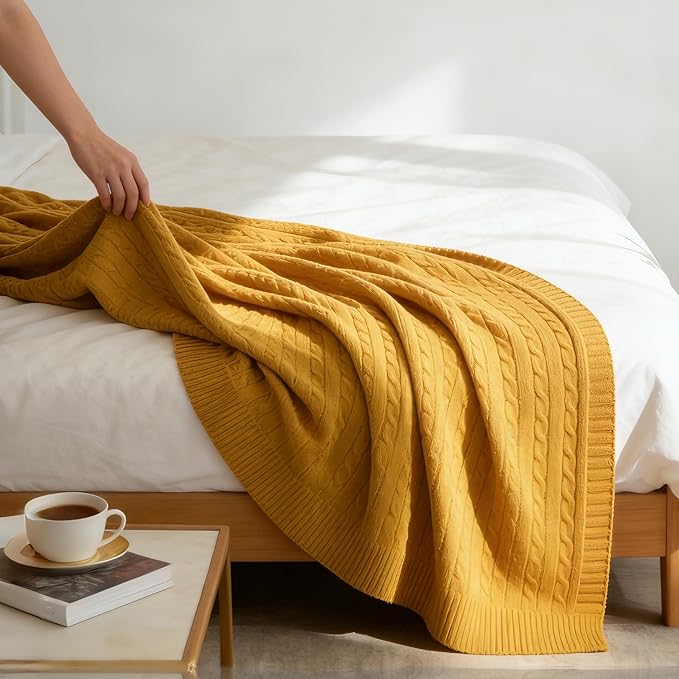NTBAY 100% Pure Cotton Twin (60x80) Cable Knit Throw Blanket, Super Soft Warm Knitted Blanket for Bed, Sofa, Chair, Couch - Extra Cozy, Machine Washable, Comfortable Home Decor, Ginger Yellow