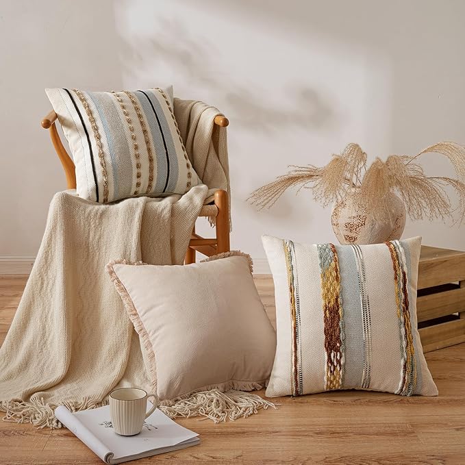 ANRODUO Pack of 2 Boho Decorative Throw Pillow Covers 20x20 Farmhouse Cushion Case Striped Chenille Pillow Cases Square Pillow Covers Accent Neutral Pillowcase for Sofa Couch Bed, Light Blue Stripe