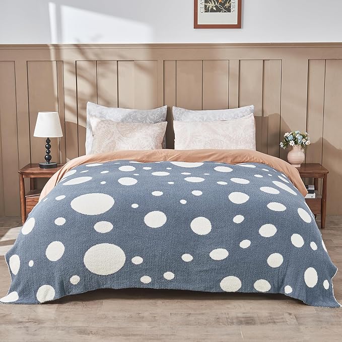 CozeCube Super Soft Fullfy Microfiber Reversible Knitted Blankets, Warm Cozy Fuzzy Plush Throw, Dusty Blue and White Polka Dot Throw Blanket for Couch Bed Sofa, 60" x 80"