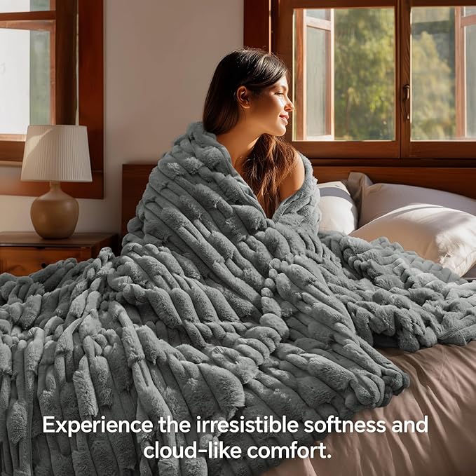 BEDELITE Faux Fur Grey Throw Blanket for Couch - Super Soft & Cozy Plush Striped Blanket for Sofa and Room Decor, Luxury Fluffy All-Season Blankets Gift for Women, Men, Mom, Dad, 50x60 inch, Grey