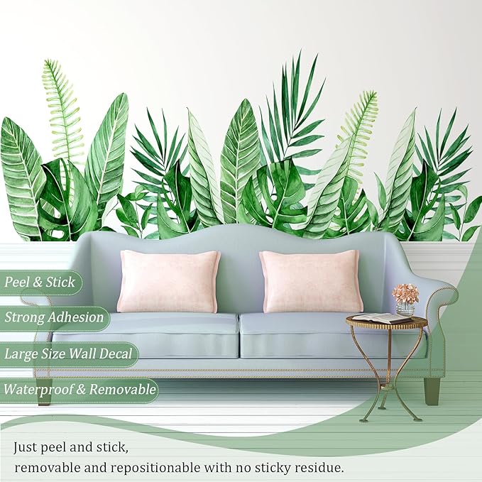 Hanging Plants Leaves Wall Decals Peel and Stick, Large Floral Flowers Wall Stickers, Removable Vine Home Decor Art for Bedroom Living Room Classroom Office