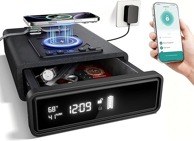 Smart Biometric Gun Safe with Wireless Charging, Bluetooth App Control, 4 Unlock Methods, Bedside Drawer Safe LED Display,Money Box for Valuables, Gifts for Men
