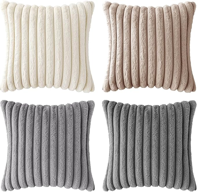 MIULEE Faux Fur Plush Decorative Throw Pillow Covers 18x18 Set of 4, Boho Farmhouse Soft Fuzzy Striped Cushion Covers for Sofa Couch Bed Living Room Vintage Rustic Home Decor,Grey Taupe