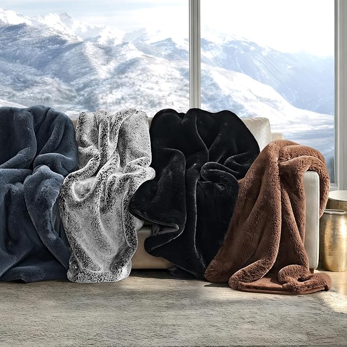 EVERGRACEHOME Luxury Soft Faux Chinchilla Fur Throw Blanket for Couch, Warm Thick Heavy Winter Throw Blanket 1220GSM for Bed, Fluffy Cozy Mink Blanket with Reversible Velvet, Chestnut Mink, 60"x80"