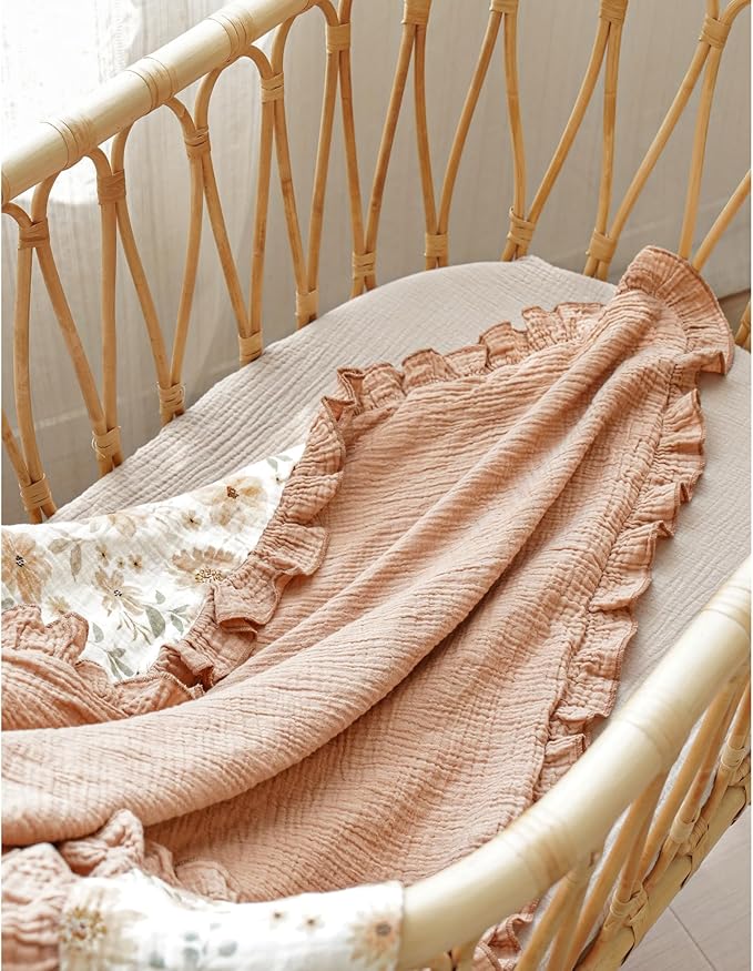 Konssy Flounce Muslin Baby Blanket for Girls Boys, 100% Cotton Soft Crib Swaddle Blankets, Reversible & Breathable Nursery Bedding for Newborns Toddlers, 40 x 36 Inches (Flourish)