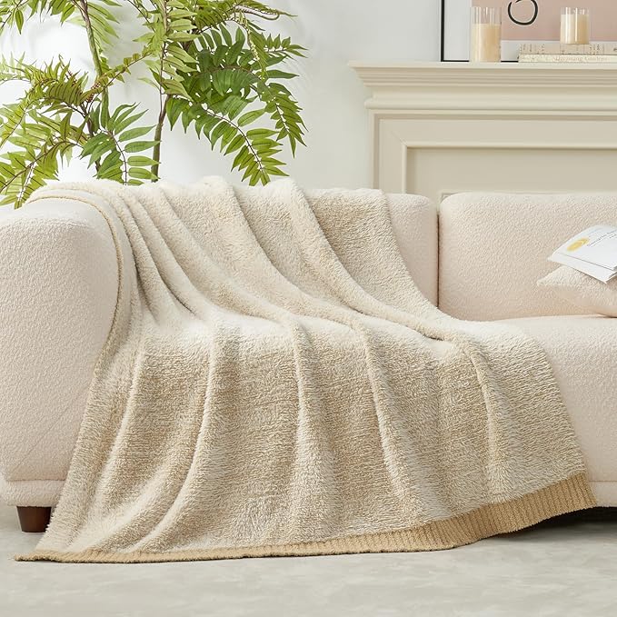 Amélie Home Knit Throw Blanket for Couch, Super Soft Fuzzy Cozy Throw, Giftable Knitted Blanket for Women Men, Birthday, Sofa Bed Living Room Decor, 60" x 80", Heather Beige