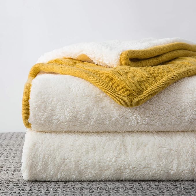 Longhui bedding Mustard Yellow 50 x 63 Inches Acrylic Cable Knit Sherpa Throw Blanket - Thick, Soft, Big, Cozy Yellow Knitted Fleece Blankets for Couch, Sofa, Bed - Large Yellow Coverlet All Season