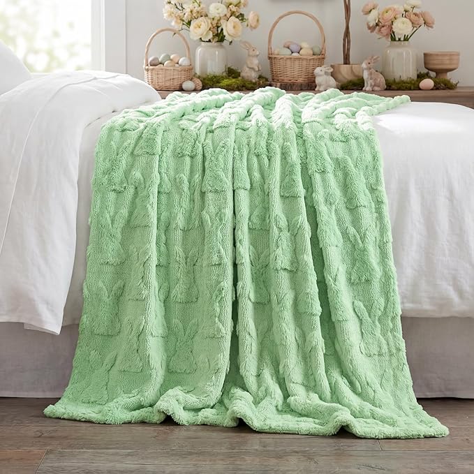 Horaldaily Easter Solid Blanket Throw, Green Rabbits Soft Fuzzy Plush Faux Fur Cozy Blankets for Couch Sofa Bed Lounging, Ideal Gifts for Kids Adults Wife Self, 50x60
