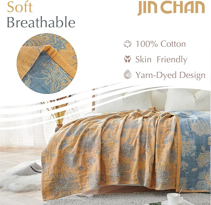 jinchan Boho 100% Cotton Muslin Queen Size 80x90 Inches Blanket Lightweight 4-Layer Quilted Soft Yellow and Blue Floral Throw Blanket Reversible Comfy Flower Rustic All Seasons Couch Bedroom Decor