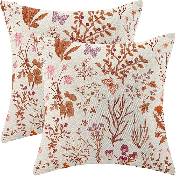AEIOAE Fall Pillow Covers 18x18 Inch Set of 2,Burnt Orange Wild Flower Plant Throw Pillows Case,Autumn Colored Floral Outdoor Decorative Linen Farmhouse Decor Cushion Covers for Home Sofa Bed Couch