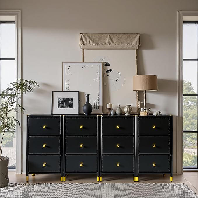 Nightstand with 3 Fabric Drawers – Bedside Table with Wood Top & Faux Leather Front Panels, Heavy-Duty Steel Frame for Bedroom Storage