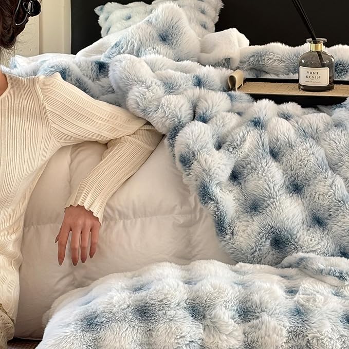 Luxury 1000GSM Throw Blanket, 60x80 Inches, Ultra Soft Double-Sided 3D Bubble Textured Faux Rabbit Fur, Frosted Blue & White, Reversible High-Density Plush Warm Blanket for Sofa & Bed