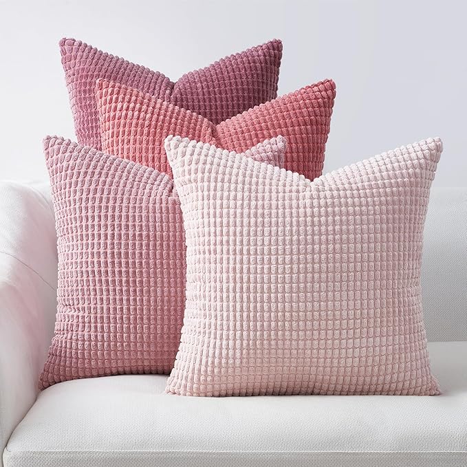 Topfinel Aesthetic Pink Room Decor Throw Pillows Covers for Couch Living Room Bedroom, Coquette Room Decorative Fluffy Corduroy Cushion Cover 18x18 Inch Set of 4 (Blush/Rose/Hot Pink)