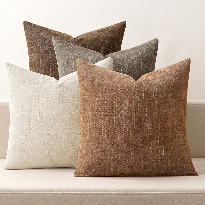 MIULEE Pack of 4 Fall Decorative Throw Pillow Covers 16x16 Inch Brown Chenille Textured Throw Pillows Boho Farmhouse Rustic Cushion Covers for Vintage Modern Home Decor Couch Sofa Bed Living Room