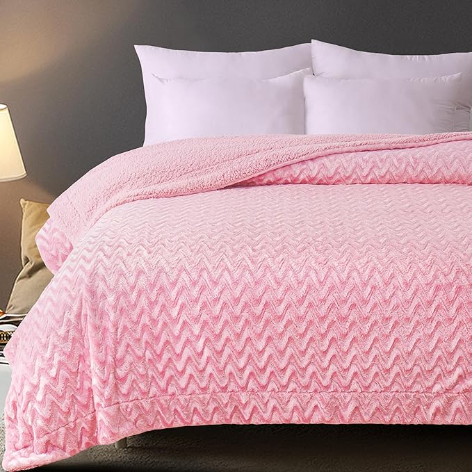 Whale Flotilla Faux Fur Sherpa Twin Size Blanket for Bed, Cozy Reversible Fuzzy Fluffy Plush Blankets for All Season, Warm and Soft, 60x80 Inch, Pink
