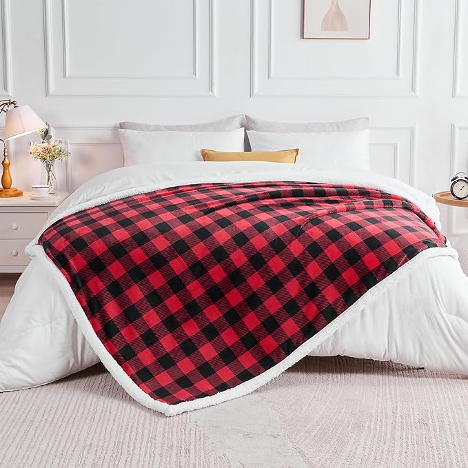 BEDELITE Sherpa Fleece Blanket - Black and Red Buffalo Plaid Christmas Blanket, Super Soft Cozy Warm Thick Winter Throw Blankets for Couch and Bed, 60" x 80"