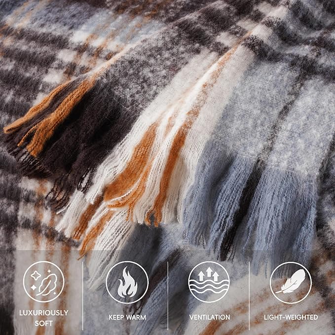 BATTILO Plaid Throw Blanket for Couch Bed, Soft Mohair Tartan Plaid Blanket, Farmhouse Style Checkered Pattern, Bluish Grey Throw Blankets for Home Decor(50"x60")