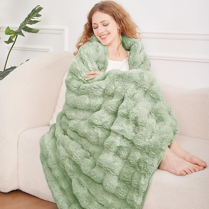 Comelady Faux Rabbit Fur Throw Blanket,Soft Fluffy Thick Bubble Blanket for Couch Bedroom Living Room Decor-Lightweight Cozy Fuzzy Plush Twin Blanket for Women Men,New Sage Green,60"×80"