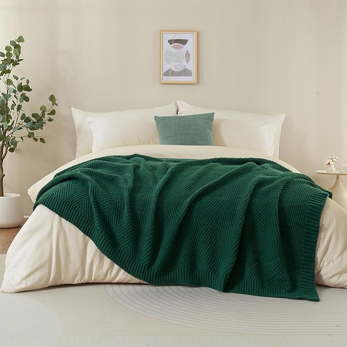 Knitted Throw Blanket 50"X60", Dark Green Knit Throws for Bed, Super Soft Boho Chevron Blankets for Couch Sofa Chair Room Decor, Textured Decorative Farmhouse Cozy Lightweight