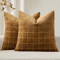 MIULEE Decorative Chenille Check Throw Pillow Covers Vintage Plaid Couch Pillows 20x20 Inch Set of 2 Neutral Boho Farmhouse Cushion Covers Modern Home Decor for Sofa Bed Living Room Brown Sugar