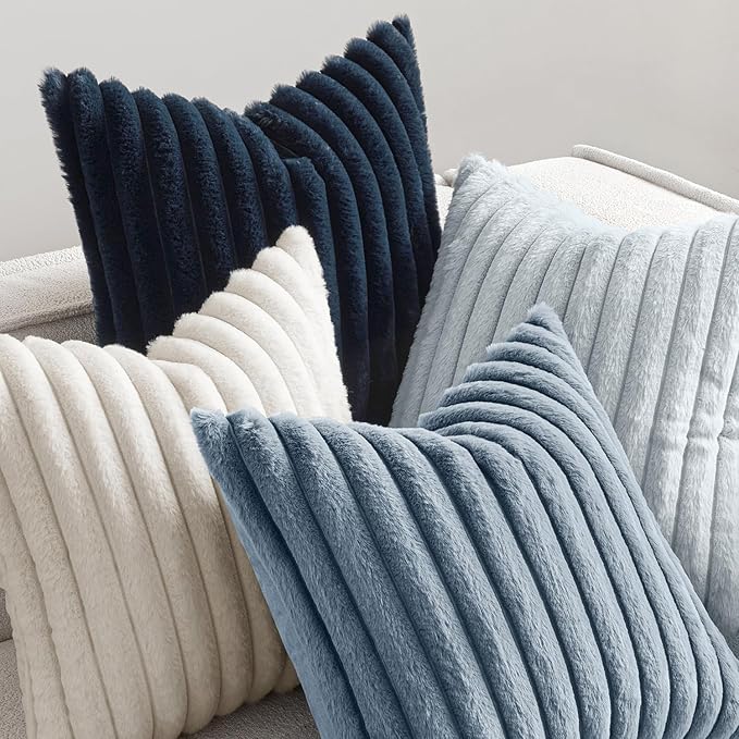 MIULEE Faux Fur Plush Decorative Throw Pillow Covers 18x18 Set of 4, Spring Modern Soft Fuzzy Coastal Striped Cushion Covers for Sofa Couch Bed Living Room Cozy Home Decor,Navy Blue