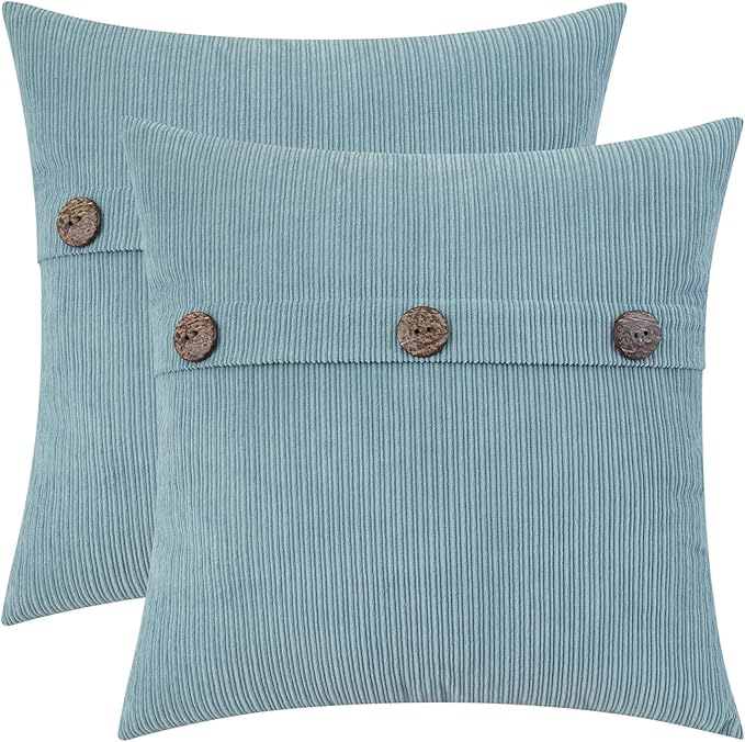 HWY 50 Light Blue Chenille Throw Pillow Covers 16x16 Inch with Triple Buttons, Soft Farmhouse Accent Decorative Cushion Cases for Couch Sofa Bed Living Room Pack of 2