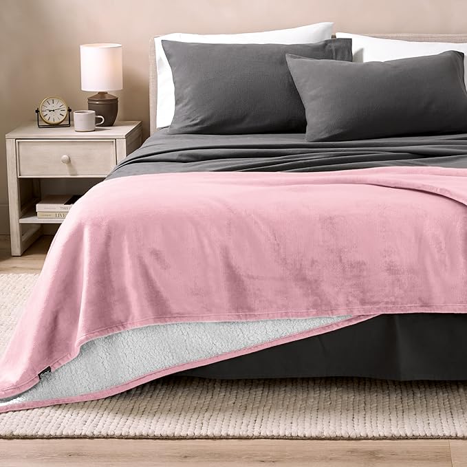 Bare Home Sherpa Fleece Blanket - Full/Queen Size - Blanket for Bed, Sofa, and Couch - Warm & Lightweight - Fluffy & Soft - Reversible (Full/Queen, Light Pink)
