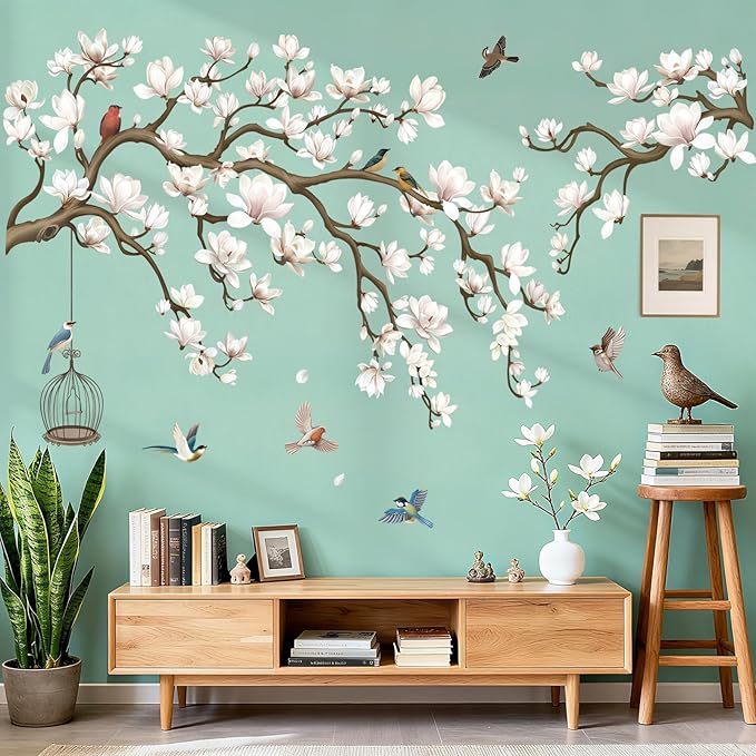wondever Magnolia Flowers Tree Branch Wall Stickers White Floral Birds Peel and Stick Wall Art Decals for Living Room Bedroom Sofa
