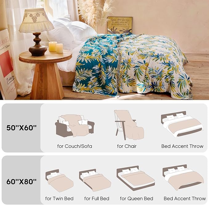 Boho Throw Blanket 60"x80" 100% Cotton Twin Bed Tassel Blanket with Leaf Pattern,Soft Breathable Lightweight Spring Decorative Reversible Blankets for Couch Sofa Decor All Season