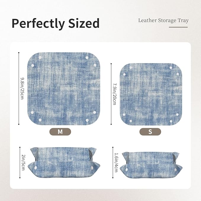Washed Denim Fabric Texture Beige Blue Valet Tray Leather Desktop Storage Organizer Bedside for Jewelry Keys Coin Sundries