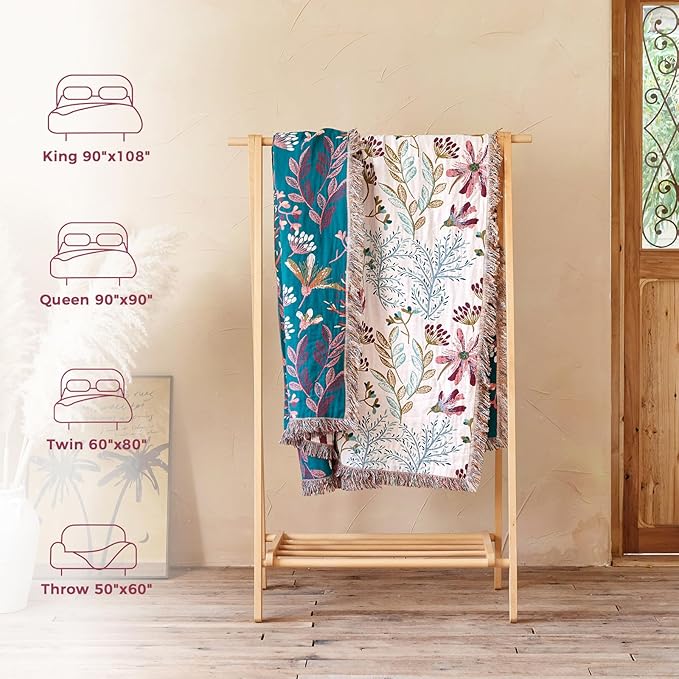 Boho Throw Blanket for Couch Sofa Chair Cotton Spring Blankets for Bedroom Living Room All Season Lightweight Reversible Floral Embroidery Throws 50"x60"