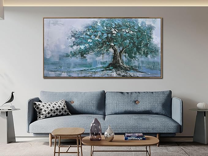 Ardemy Framed Tree Canvas Wall Art for Living Room Large, Teal Tree of Life Picture Wall Decor Landscape Bedroom Nature Painting Artwork Home Office Dining Room Kitchen 40"x20"