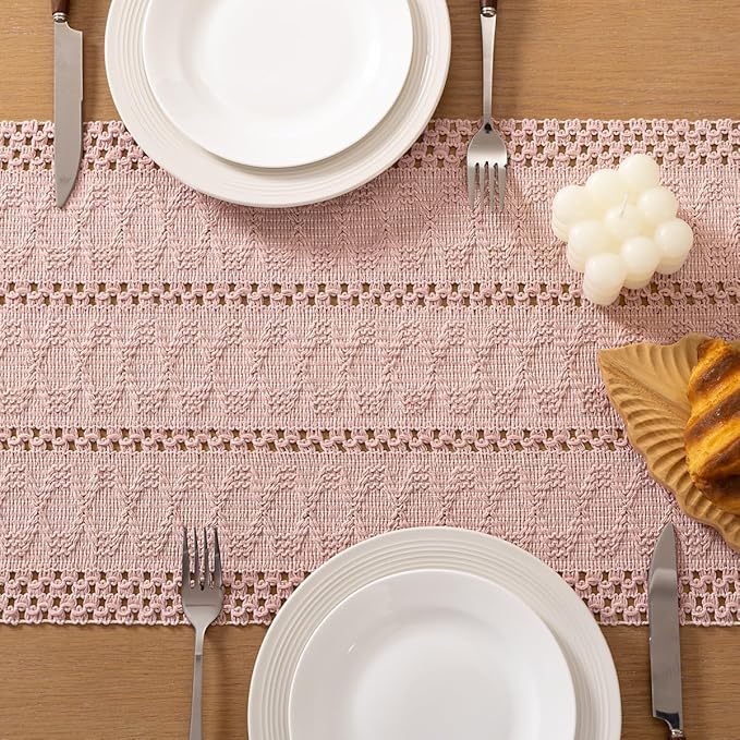 Socomi Boho Table Runner Easter Spring Farmhouse Rustic Dining Kitchen Centerpiece Decor Long Macrame Woven Cotton Linen Coffee Table Runner for Dresser Scarf Home Decor 12x90 in Pink