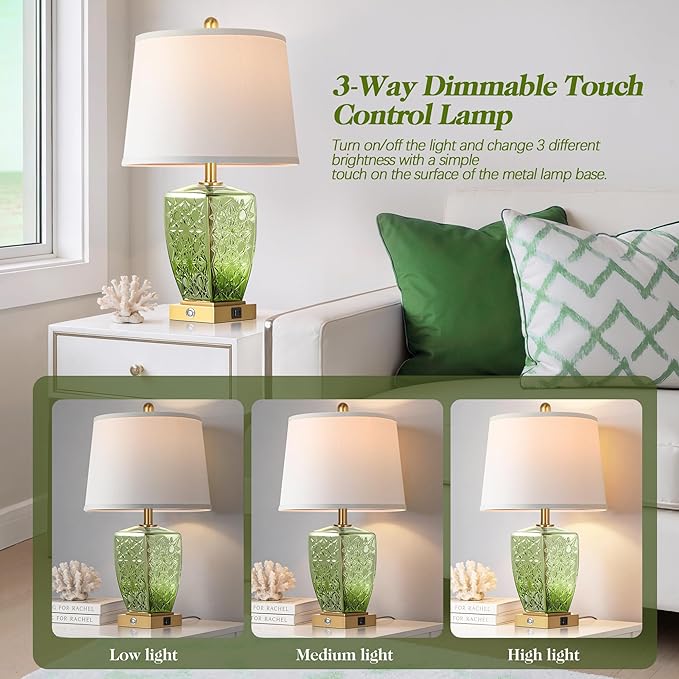 QiMH Glass Table Lamps for Living Room, Modern Bedside Lamps for Night Stands with USB A+C Ports, 3-Way Dimmable Touch Lamp for Bedroom Set of 2 with White Linen Shade Home Decor, Green